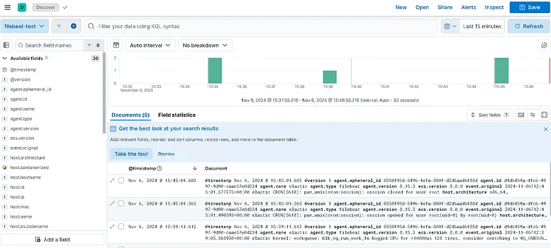 After saving the Data View, logs should appear in the discover panel