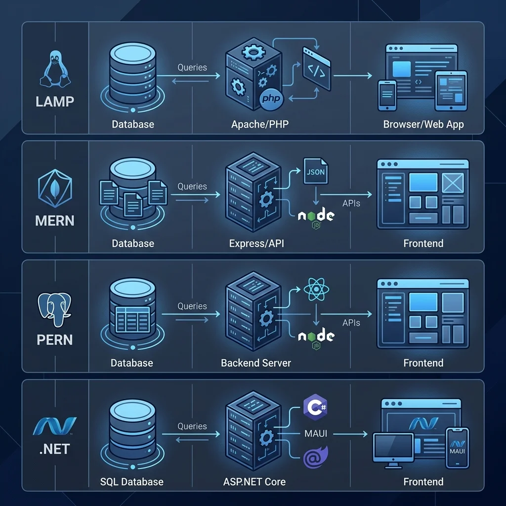 Overview of popular technology stacks: LAMP, MERN, PERN, and .NET