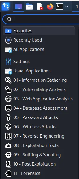 While in the Kali Linux desktop environment, if you click on the logo, you will see the general menu open
