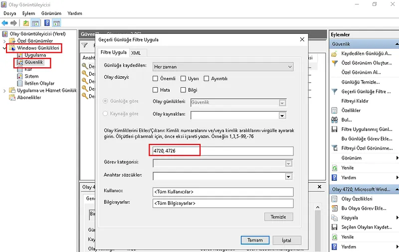 Filtering Event ID 4720 user account creation in Event Viewer Security log