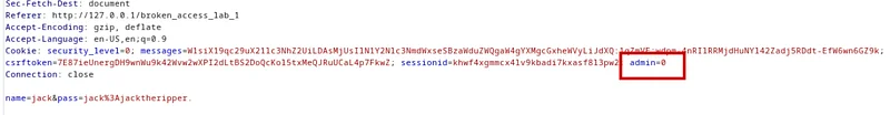 When we capture and examine the request with burp suite, we see that I have a parameter named admin and it is given a value