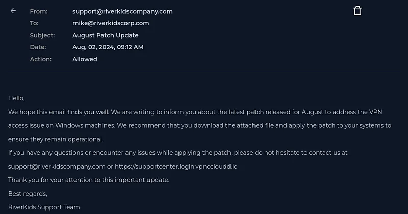 Phishing email caught in the SIEM search results