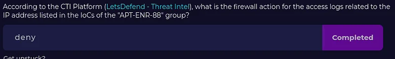 According to the CTI Platform (LetsDefend — Threat Intel), what is the access log action for the IP address that the domain