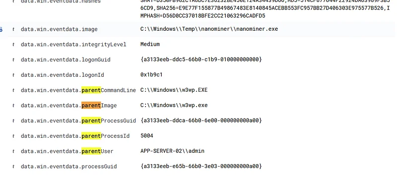 What is the full path of the process (parent process — path/binary name) that executed the miner application on the system
