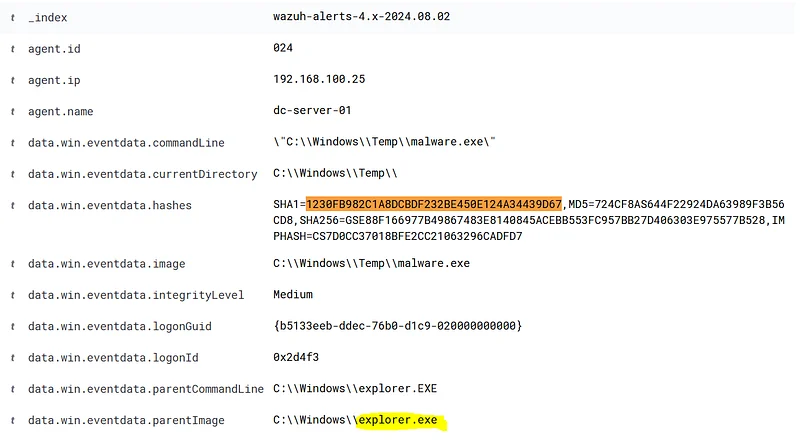 Filter for the "rule.groups: sysmon event1" in the SIEM and query the detected hash in the search section