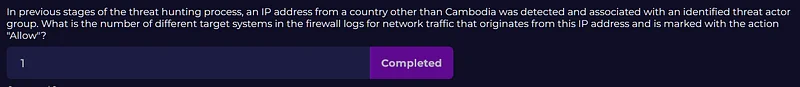 In previous stages of the threat hunting process, an IP address from a country other than Cambodia was detected and linked