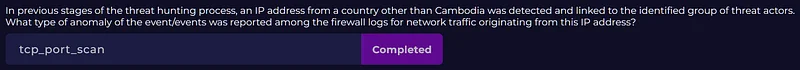 In previous stages of the threat hunting process, an IP address from a country other than Cambodia was detected and linked (3)