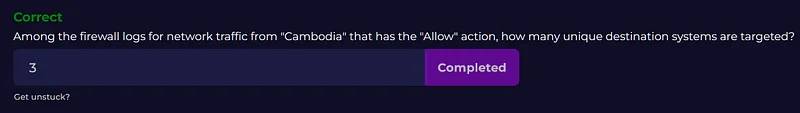 Among the firewall logs for network traffic from "Cambodia" that has the "Allow" action, how many unique source IP addresses