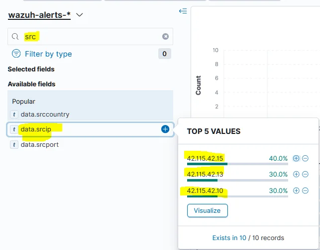 When I look at the source IP information over the fields, it is clearly seen that there is traffic to 3 different IPs