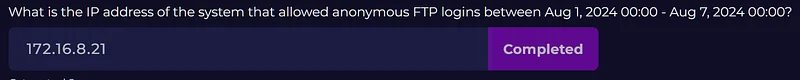 Question: name of the FTP service that allowed anonymous logins between Aug 1 and Aug 7, 2024