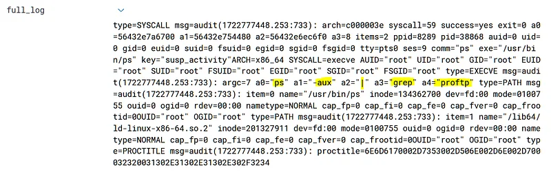 When we look at the full log in detail, we see that the "ps -aux grep proftp" "command is executed