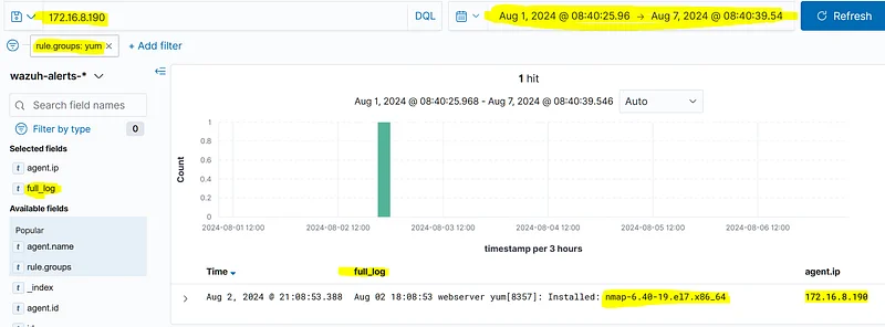 When we search for the relevant agent ip in the yum group, we get a result and when we look at the full log content in this