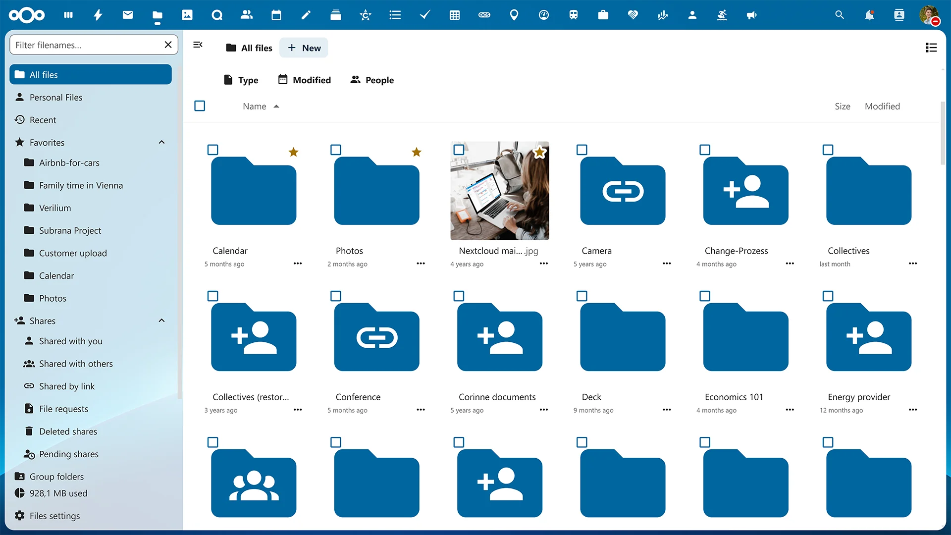 Paylaşılan klasörleriyle Nextcloud Hub Dosyalar arayüzü