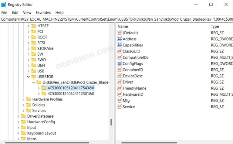 Windows Registry Editor'da USBStor anahtarı: bağlanan USB cihazların geçmişi