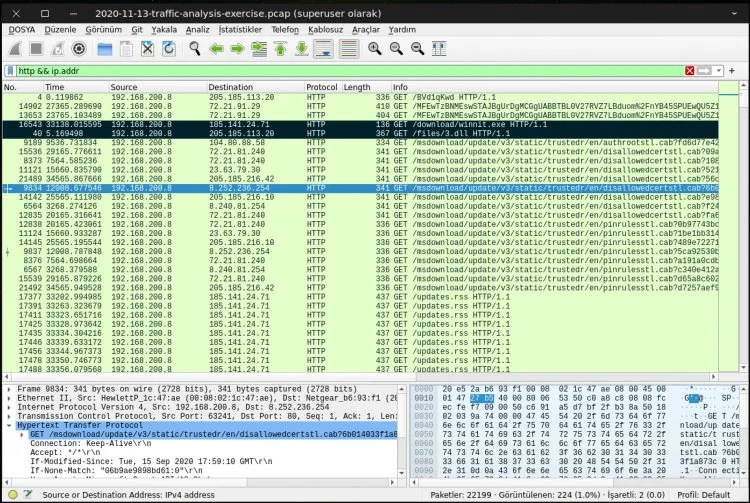 Wireshark paket analizi ekranı: HTTP trafiği filtreleme ve paket inceleme