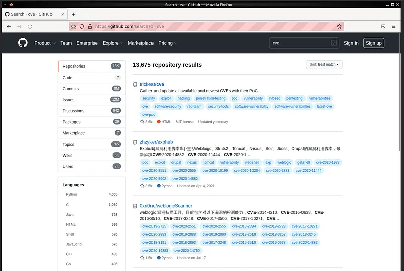 Örnek uygulamayı çalıştırdığımızda, github web sayfası açılır, arama çubuğunu CVE yazılıp arama sayfasına gidilir