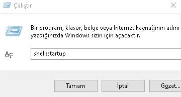 Windows başlangıç (Startup) klasörünün dosya sistemindeki konumu