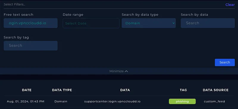 Alan adını LetsDefend Threat Intel modülünde arayın