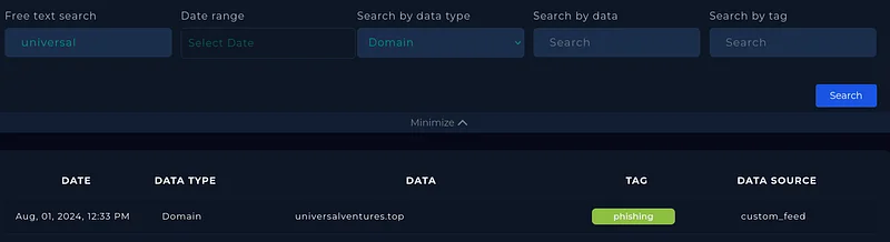 CTI platformunda üçüncü taraf şirket adlarına benzeyen alan adlarını arayın