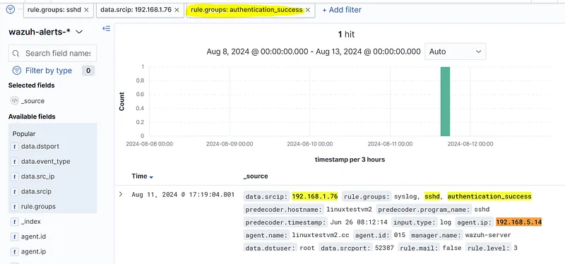 SIEM'de "data.srcip: IPAdresi " ve "rule.groups: sshd" filtrelerini kullanın, ardından "ssh logon success" olaylarını