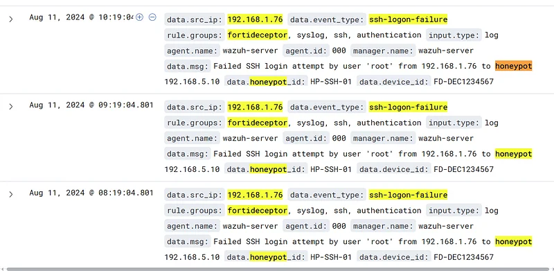 SIEM'de şu filtreleri uygulayın: "rule.groups: fortideceptor" ve "data.eventtype: ssh-logon-failure." Ardından