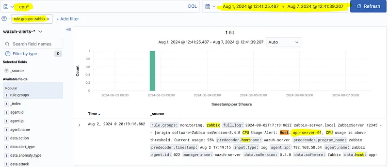 SIEM'de "rule.groups: zabbix" filtresini uygulayın ve "cpu" araması yapın