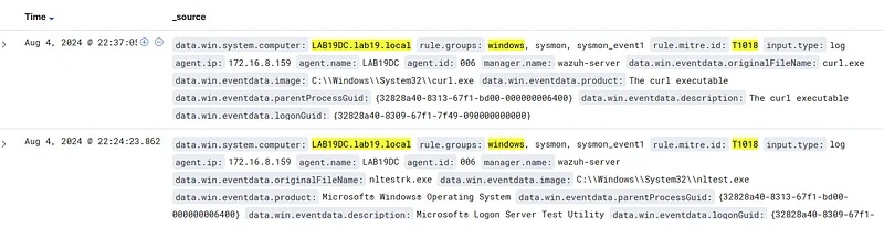 SIEM'de "rule.groups: windows" ve "rule.mitre.id: T1018" filtrelerini uygulayın
