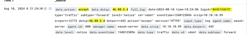 Önceki adımda elde edilen IP adresini SIEM'de "data.dstip: IPAdresi " ve "data.action: accept" filtrelerini kullanarak