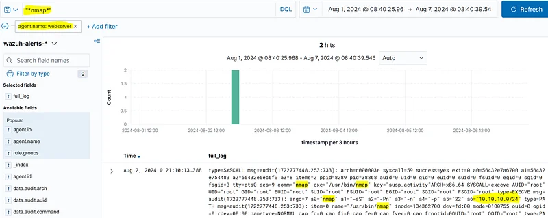 agent.name üzerinden filtreleyip nmap aktivitelerini aradığımızda denetim (audit) loglarında taranan subnet bilgisini